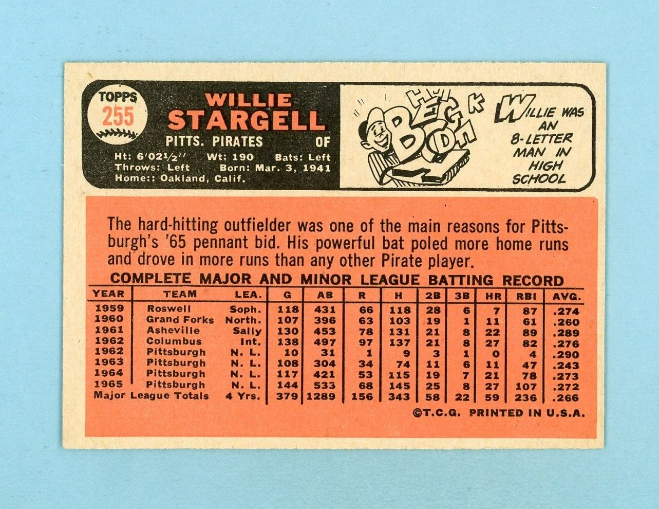 1966 Topps #255 Willie Stargell Pittsburgh Pirates Baseball Card Ex/Mt