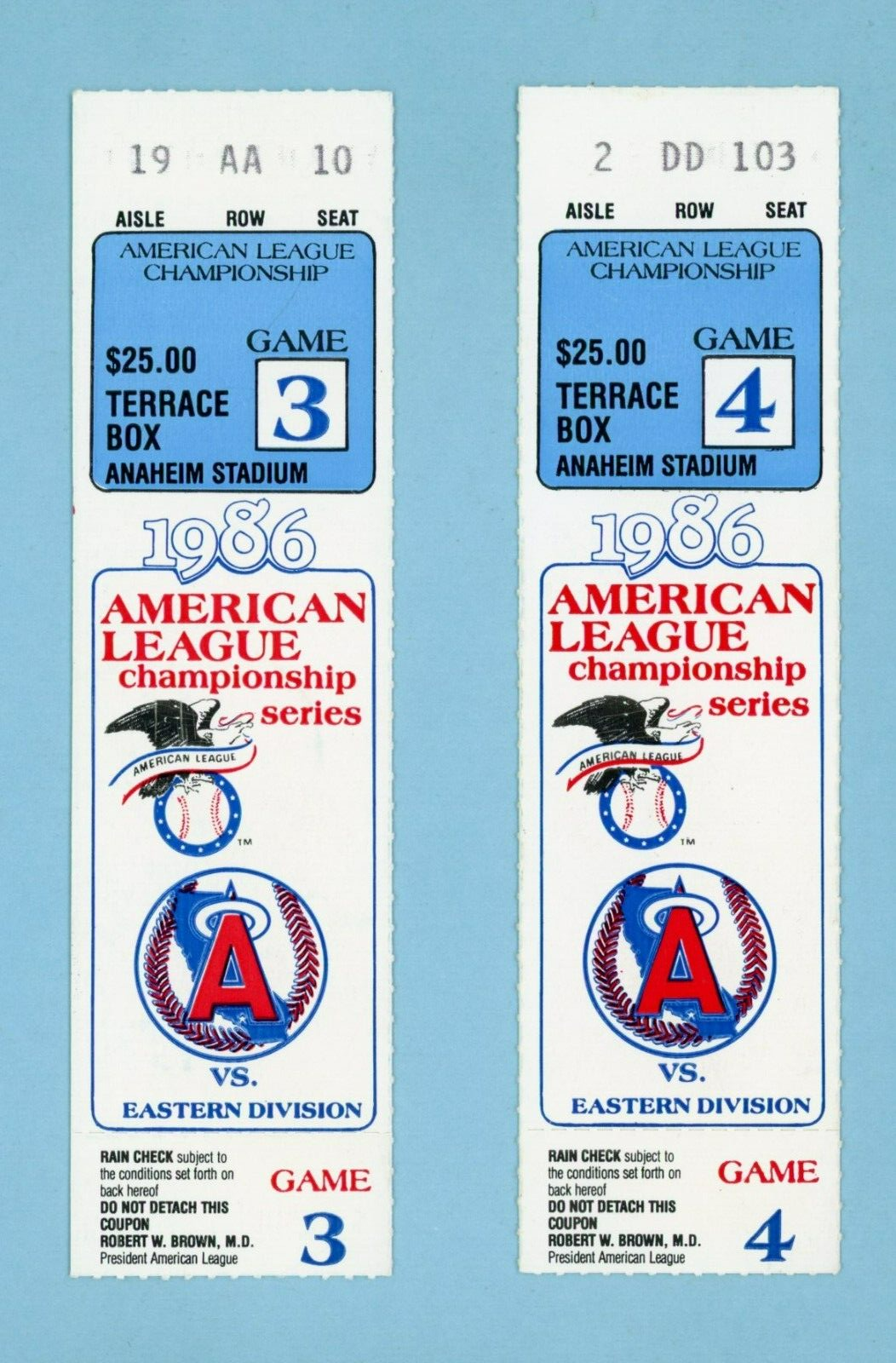 Lot of 2 1986 ALCS Games 3 & 4 Boston Red Sox vs California Angeles Ticket Stubs