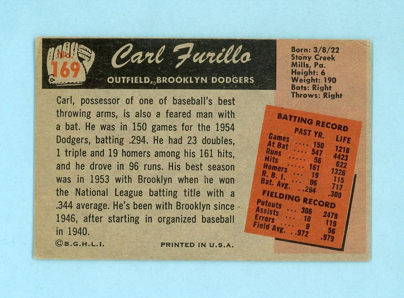 1955 Bowman #169 Carl Furillo Brooklyn Dodgers Baseball Card Vg/Ex