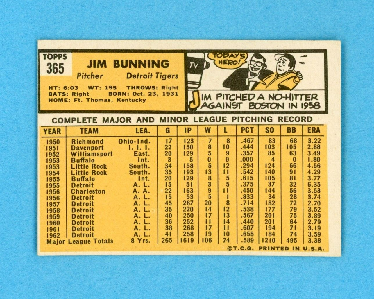 1963 Topps #365 Jim Bunning Detroit Tigers Baseball Card NM o/c