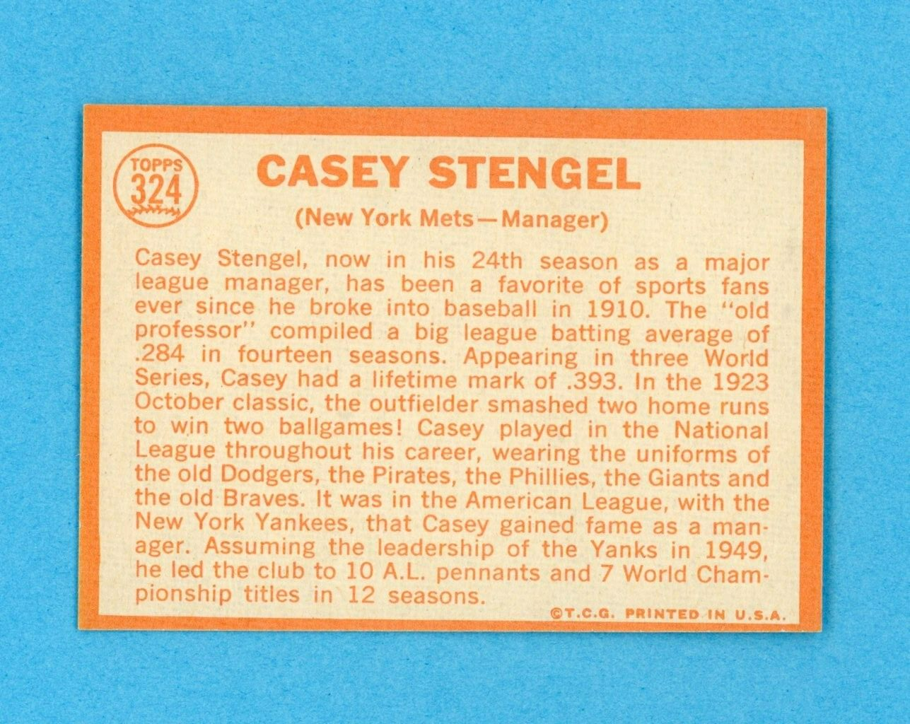 1964 Topps #324 Casey Stengel New York Mets Baseball Card NM o/c