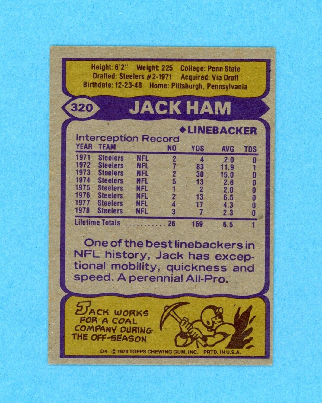 Jack Ham HOF 88 1979 Topps  Card #320 Auto with B&E Hologram