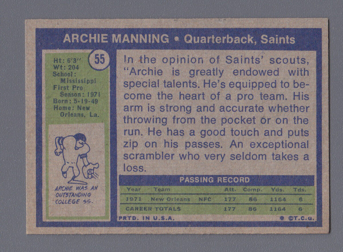 Archie Manning Signed 1972 Topps Rookie Card #55 Auto with B&E Hologram