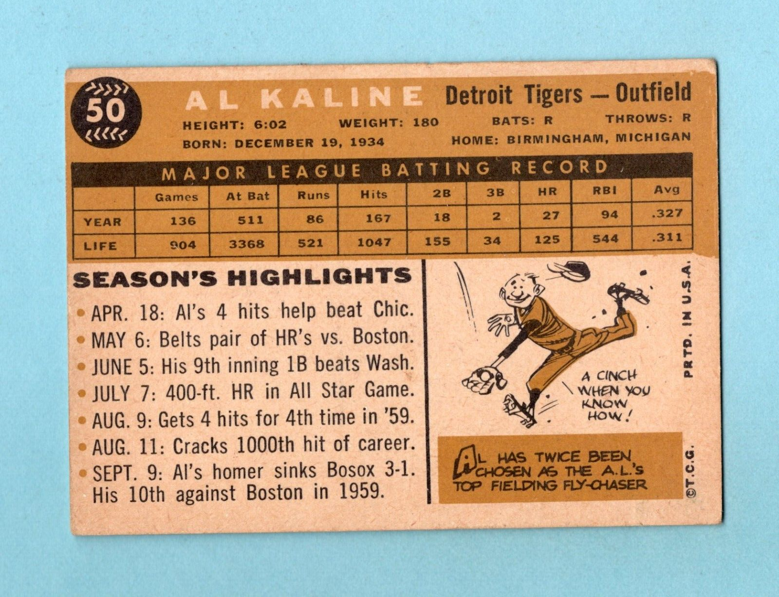 1960 Topps #50 Al Kaline Detroit Tigers Baseball Card Vg/Ex