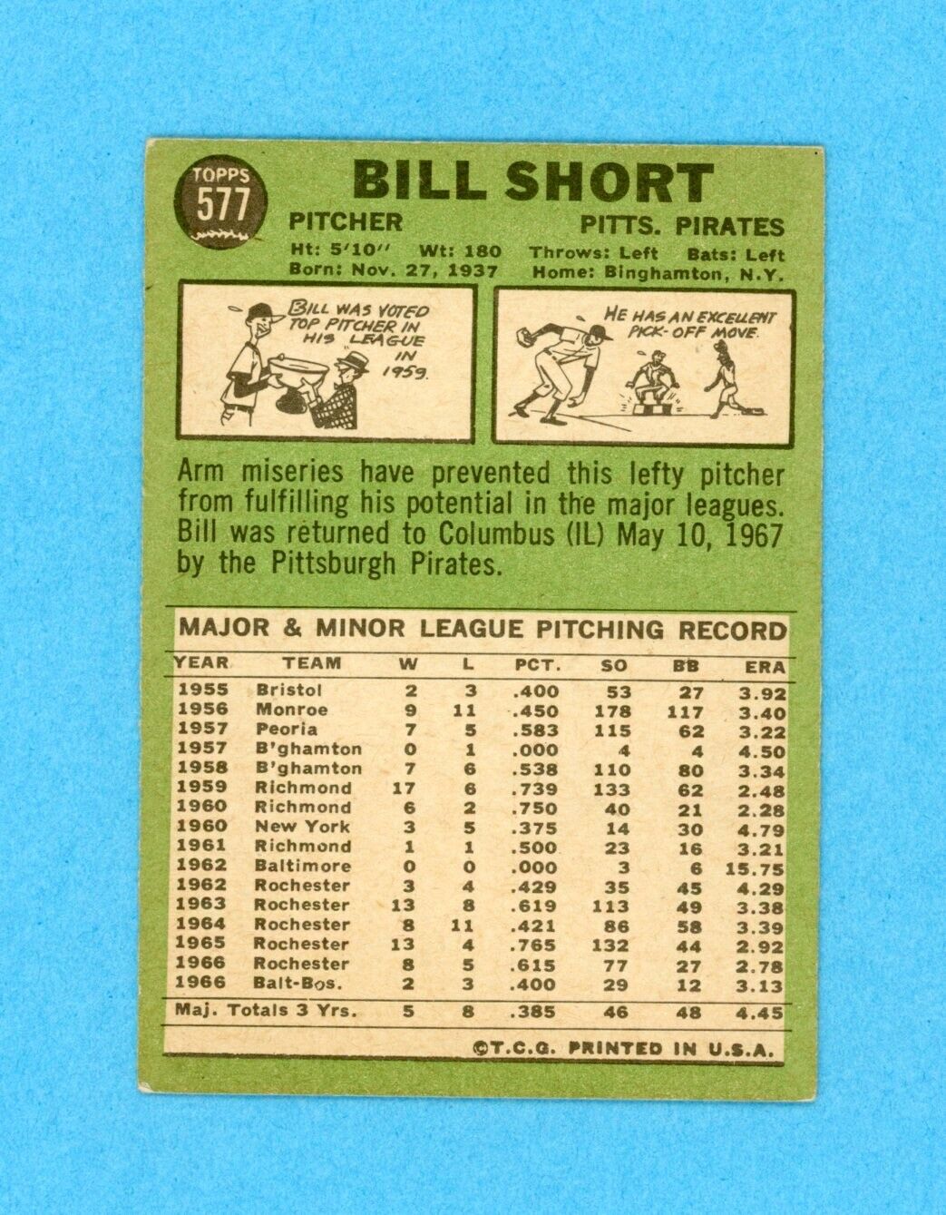 Bill Short Signed 1967 Topps Hi# Card #577 Auto with B&E Hologram