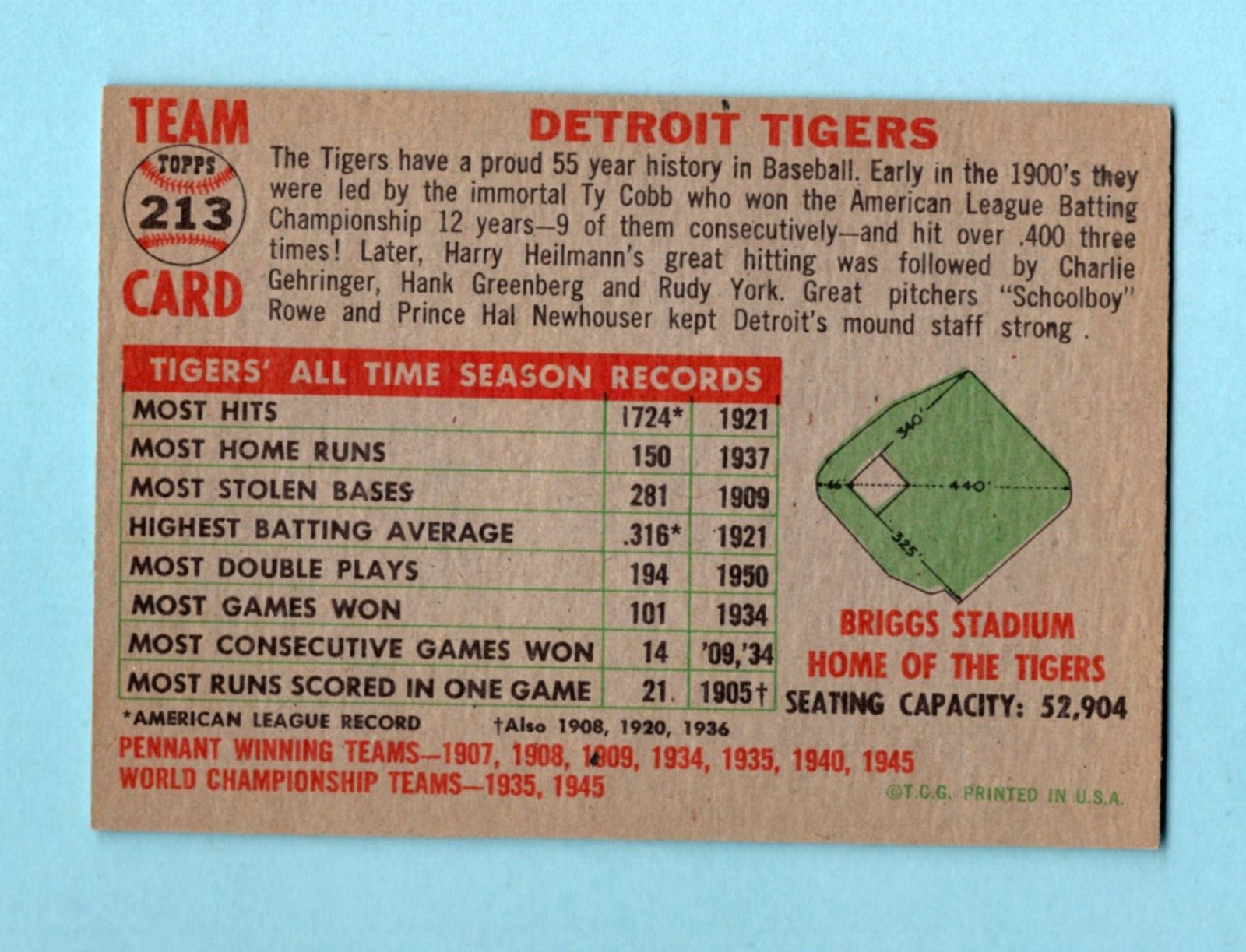 1956 Topps #213 Detroit Tigers Team Baseball Card Ex/Mt o/c