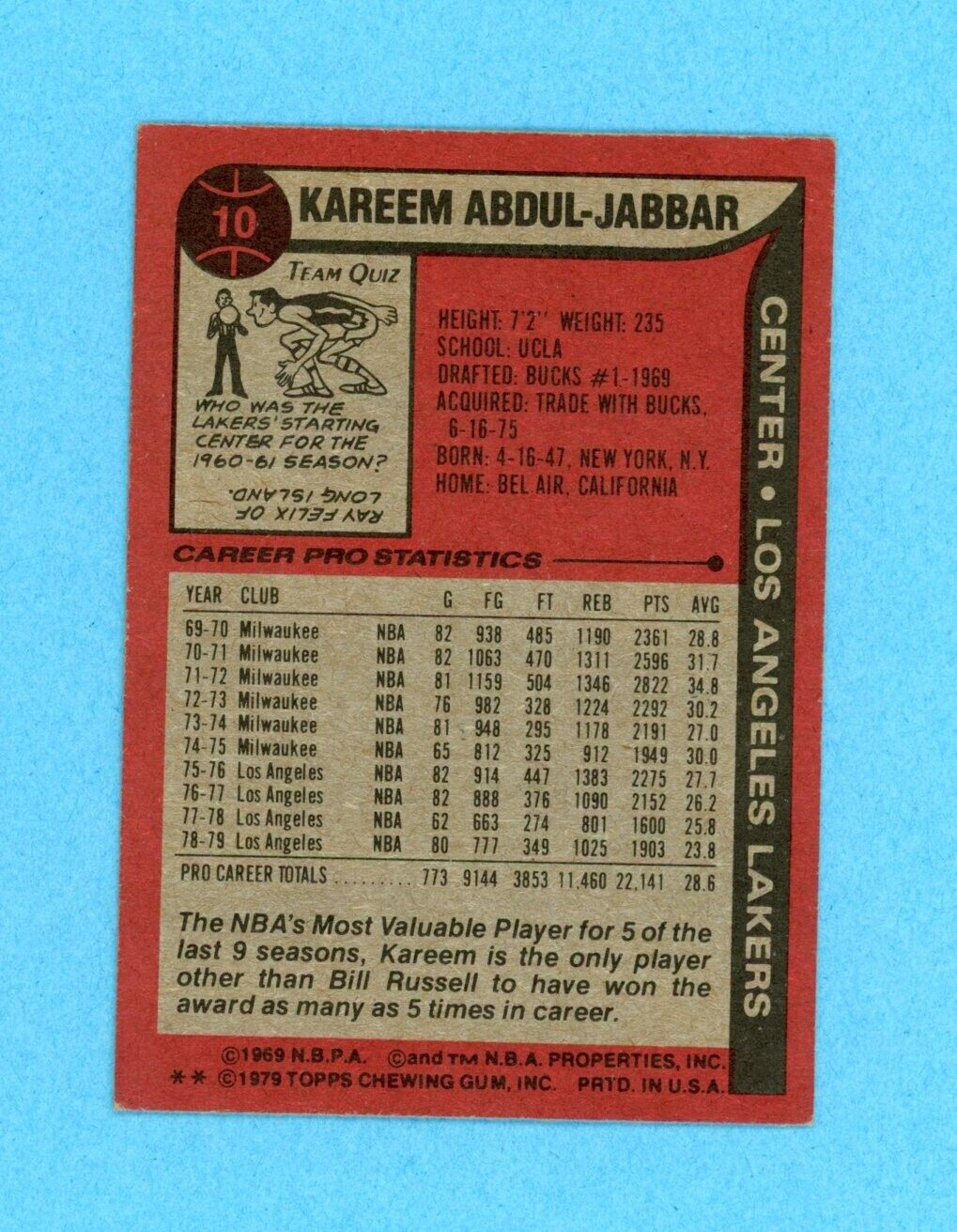 1979-80 Topps #10 Kareem Abdul-Jabbar Los Angeles Lakers Basketball Card Ex-Ex+