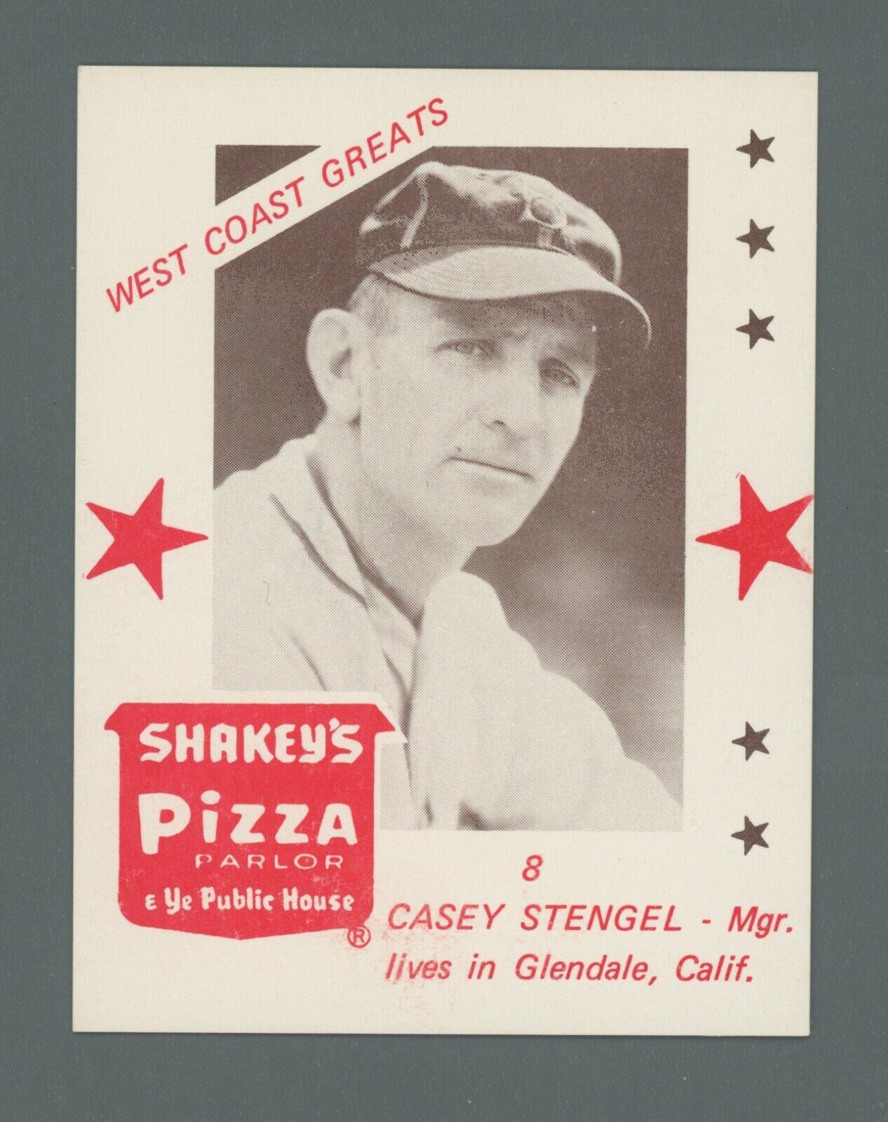 1975 Shakey's Pizza West Coast Greats #8 Casey Stengel Dodgers Baseball Card