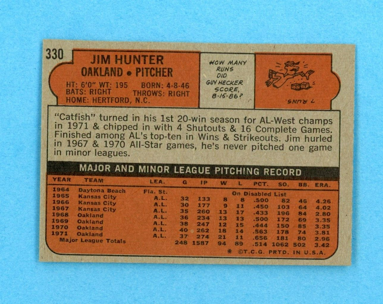 1972 Topps #330 Jim Catfish Hunter Oakland A's Baseball Card Ex/MT sta rse