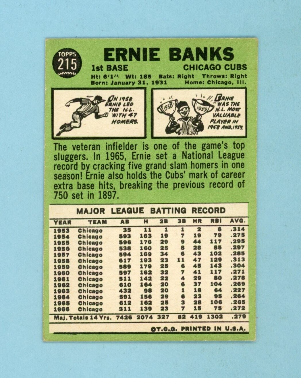 1967 Topps #215 Ernie Banks Chicago Cubs Baseball Card EX-EX+