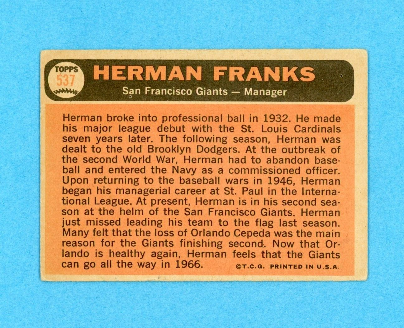 1966 Topps #537 Herman Franks San Fran Giants High Number Baseball Card VG+