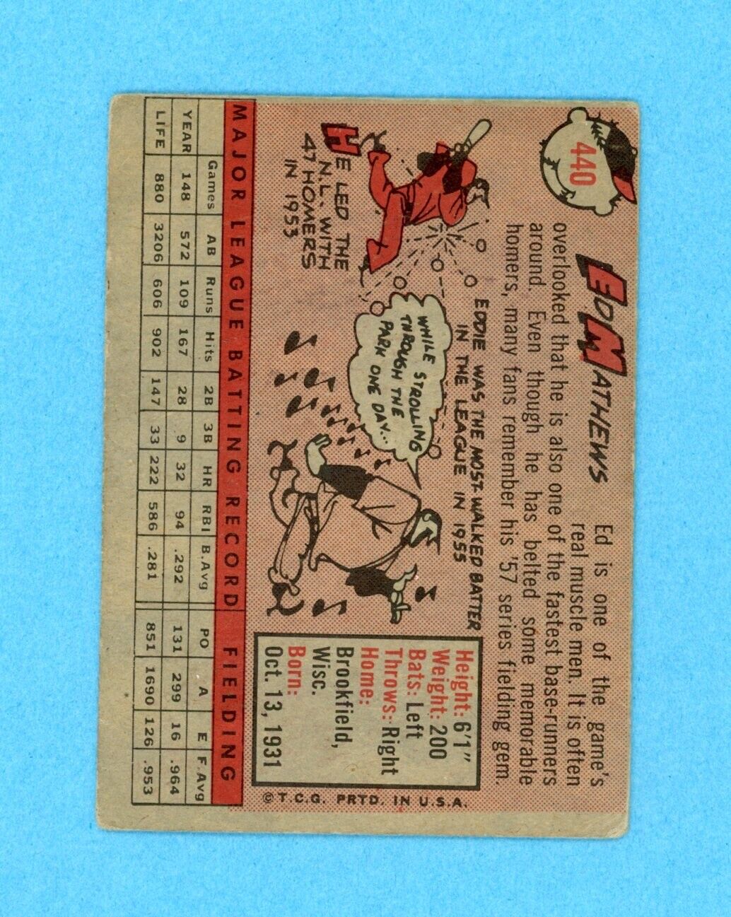 Eddie Mathews Signed 1958 Topps Card #440 Auto w B&E Hologram