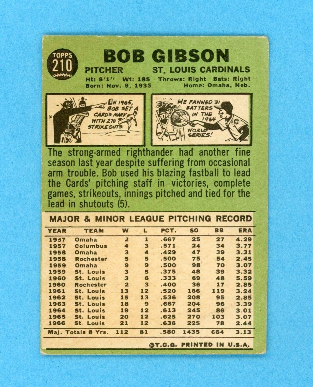 1967 Topps #210 Bob Gibson St Louis Cardinals Baseball Card Low Grade ws