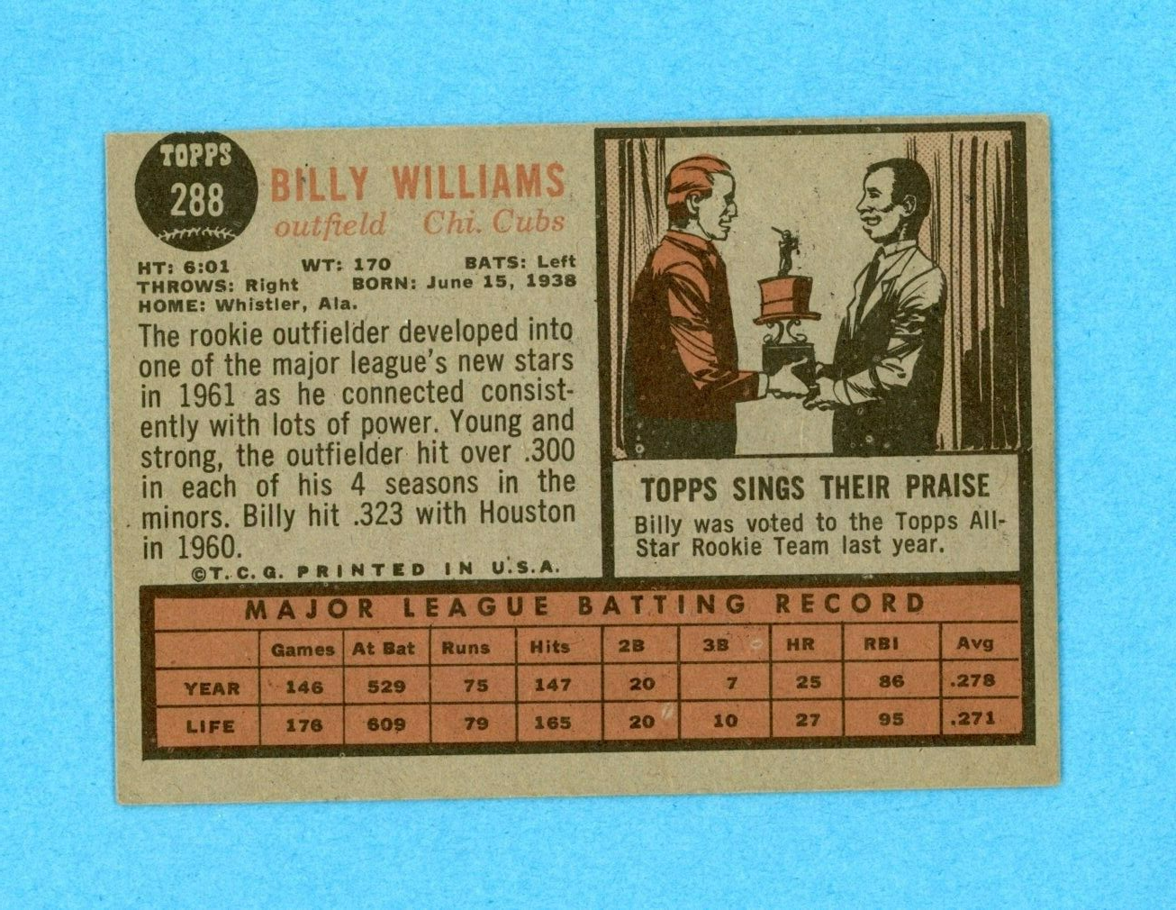 1962 Topps #288 Billy Williams Chicago Cubs Baseball Card EX o/c