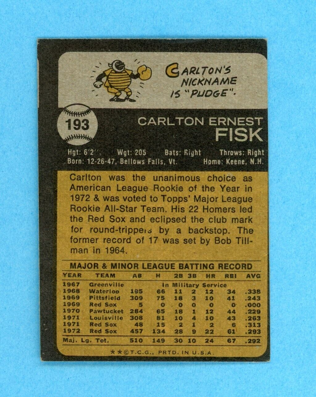 1973 Topps #193 Carlton Fisk Boston Red Sox Baseball Card EX o/c