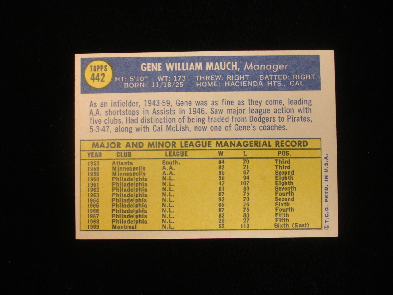 Gene Mauch Autographed 1970 Topps #442 Montreal Expos Card