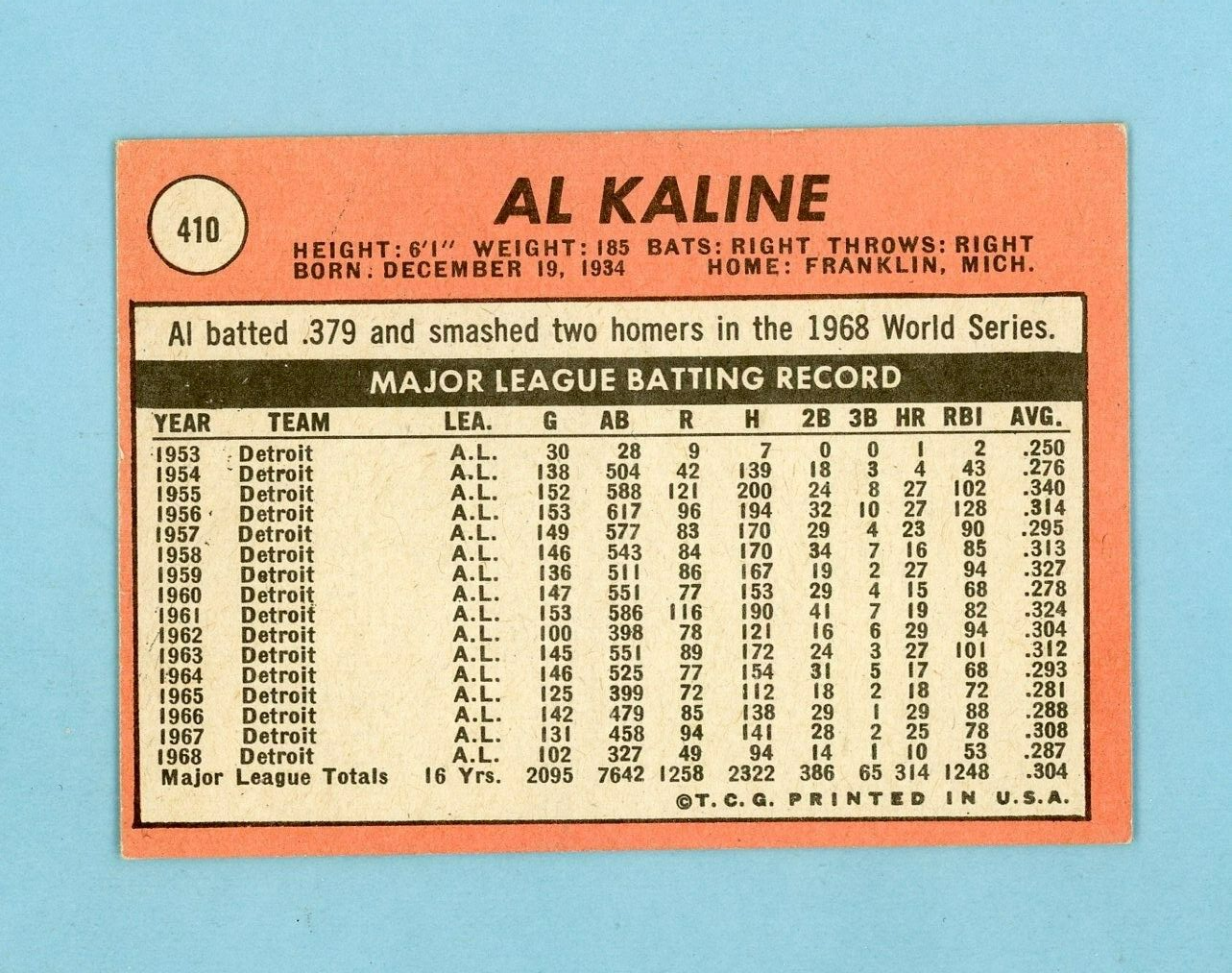 1969 Topps #410 Al Kaline Detroit Tigers Baseball Card EX - EX+ prt lns