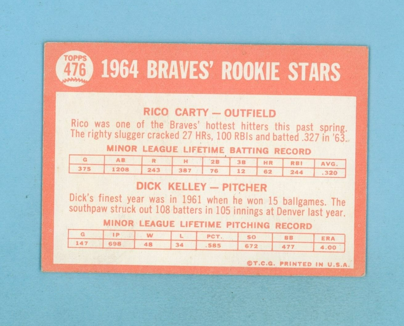 1964 Topps #476 Rico Carty Milwaukee Braves Rookie Baseball Card EX