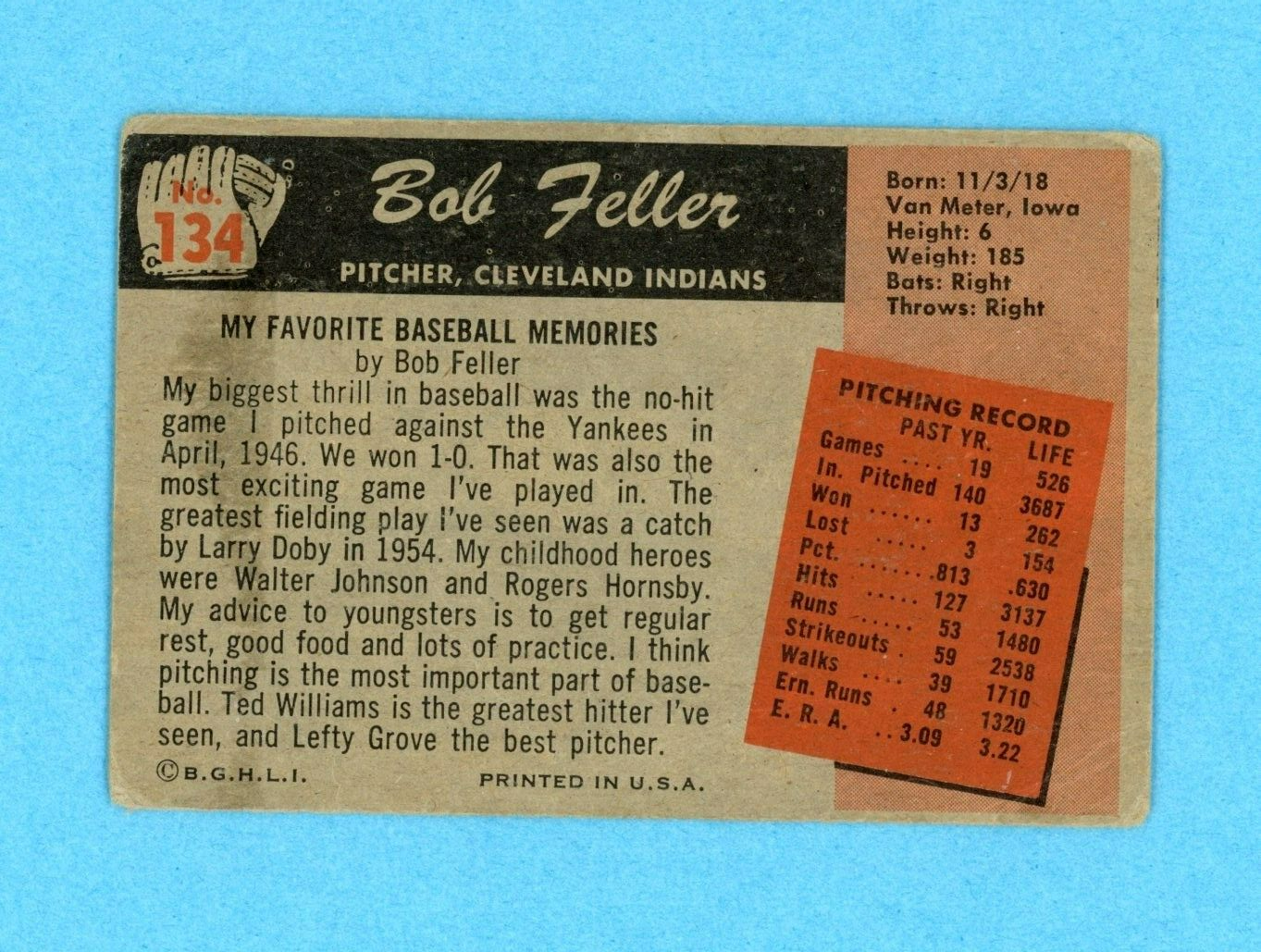 1955 Bowman #134 Bob Feller Cleveland Indians Baseball Card Low Grade