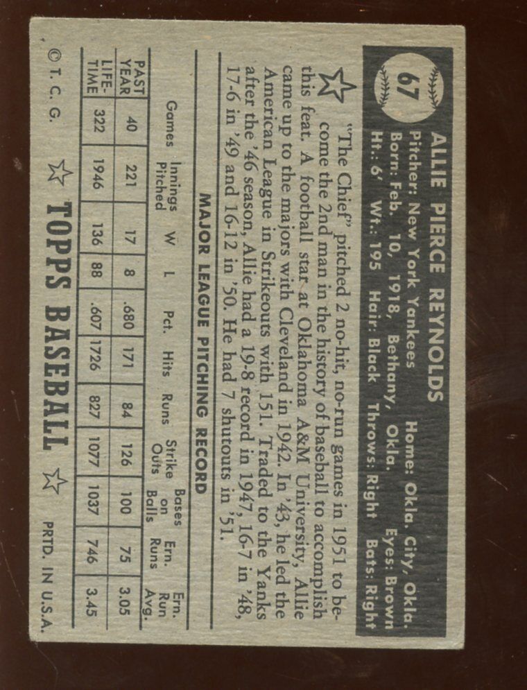 1952 Topps Baseball Card #67 Allie Reynolds New York Yankees EX