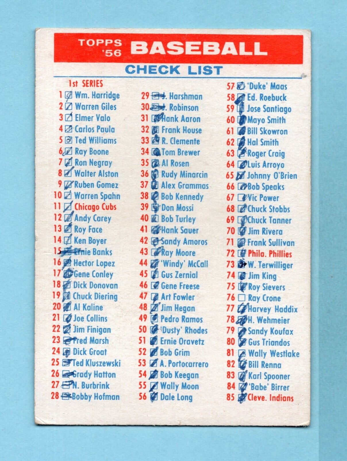 1956 Topps 1st/3rd Checklist Baseball Card EX checked