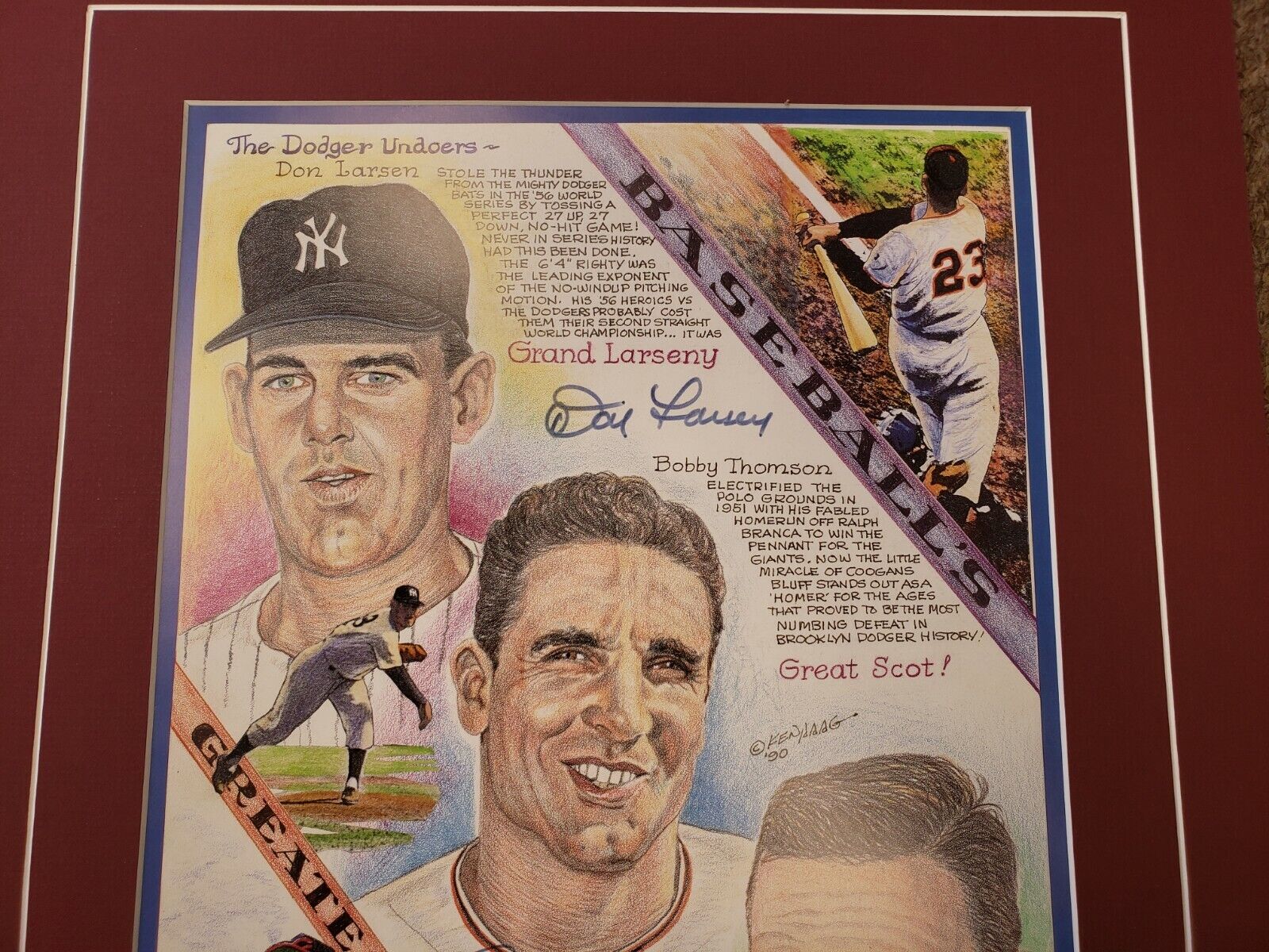 Don Larsen Bobby Thomson & Johnny Vander Meer Autographed 15x19 Artwork Display