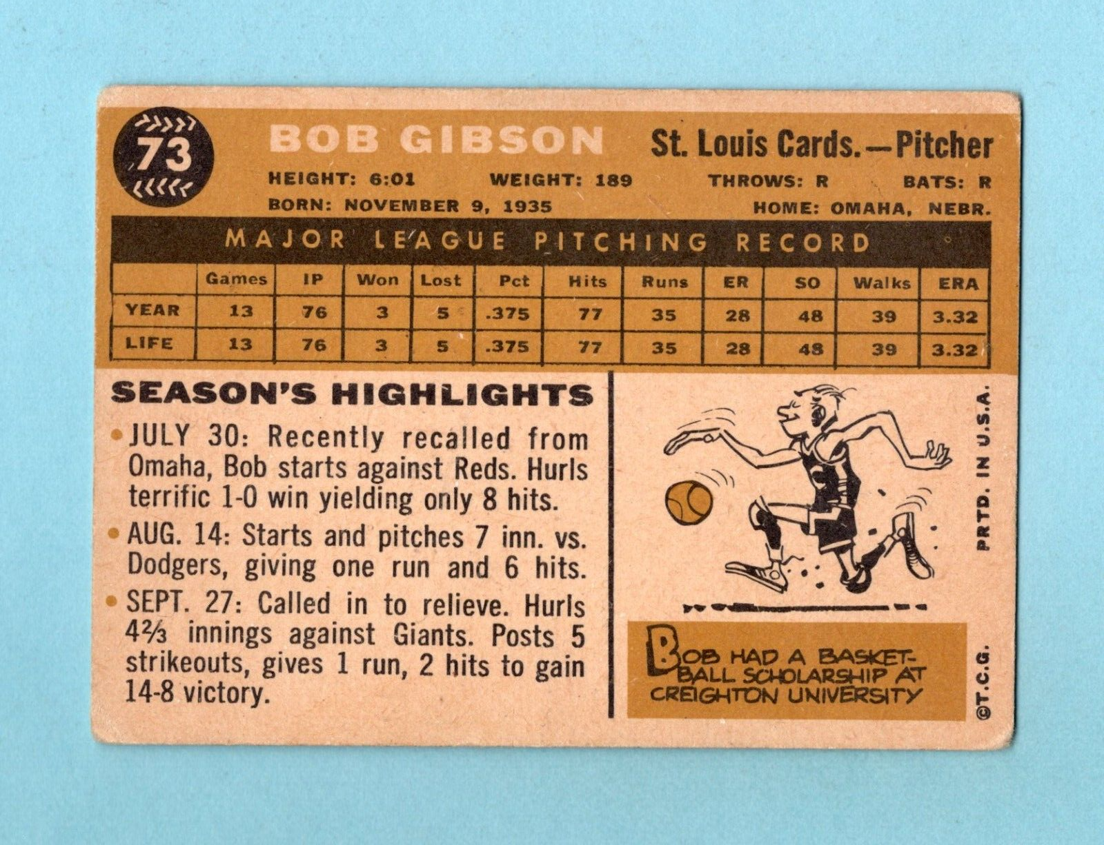 1960 Topps #73 Bob Gibson St. Louis Cardinals Baseball Card Low Grade