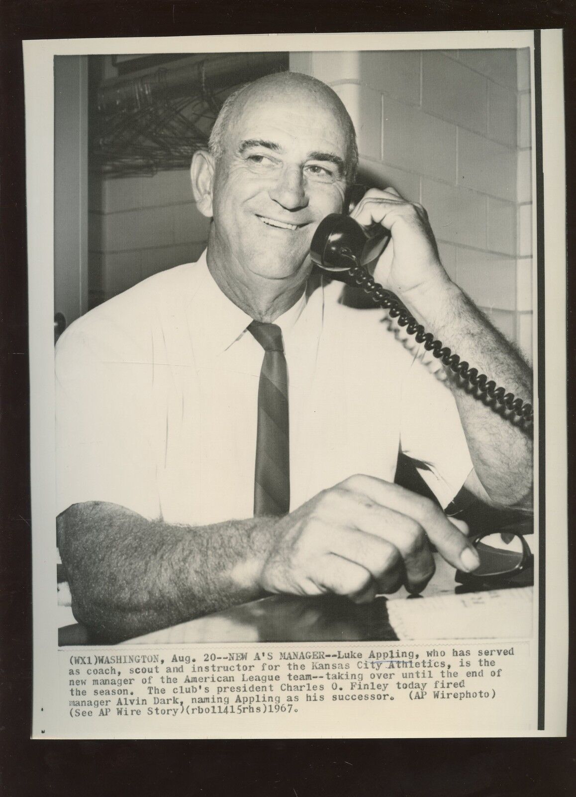 Original August 20th 1967 Luke Appling New Kansas City Athletics Mana Wire Photo