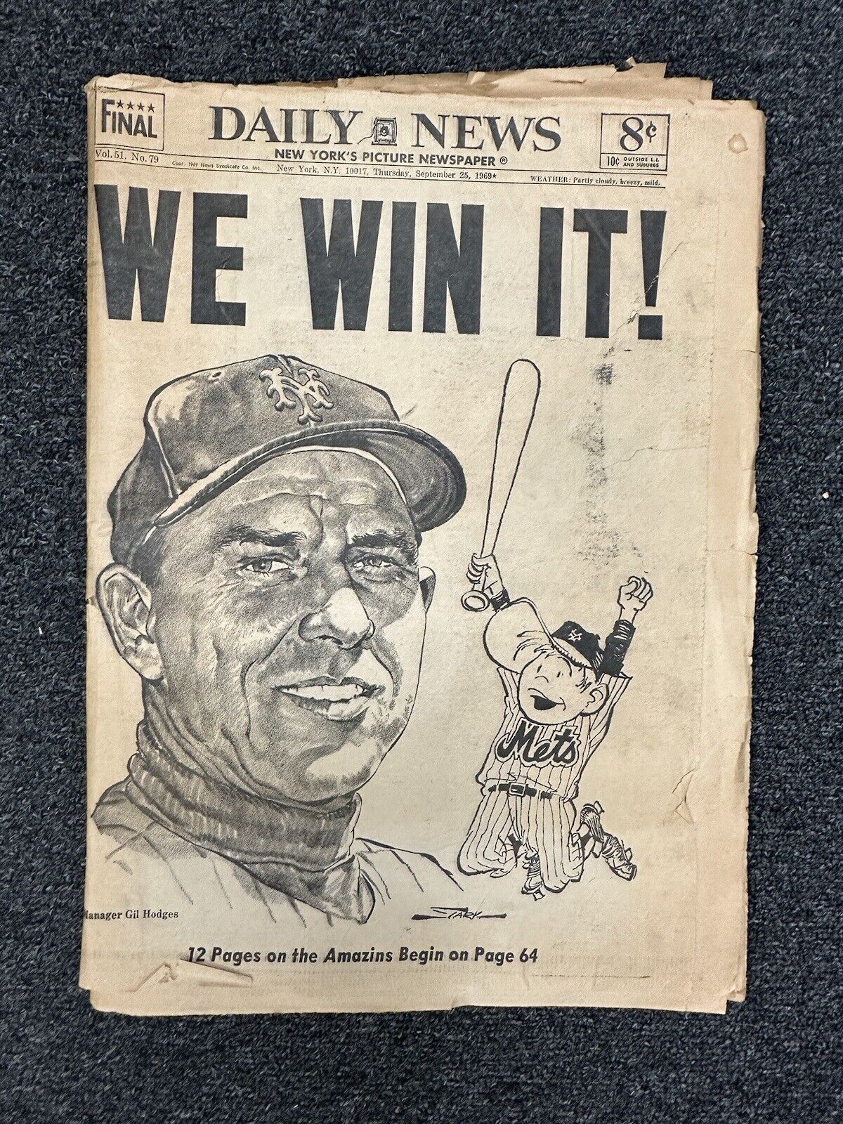 Sept. 25, 1969 New York Mets WE WIN IT! NL East Champs NY Daily News Newspaper