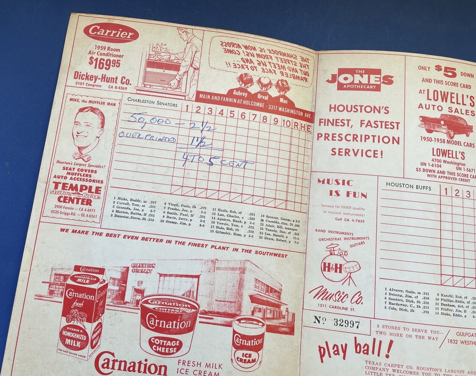 1959 Houston Buffs Minor League Baseball Scorecard vs Charleston Senators