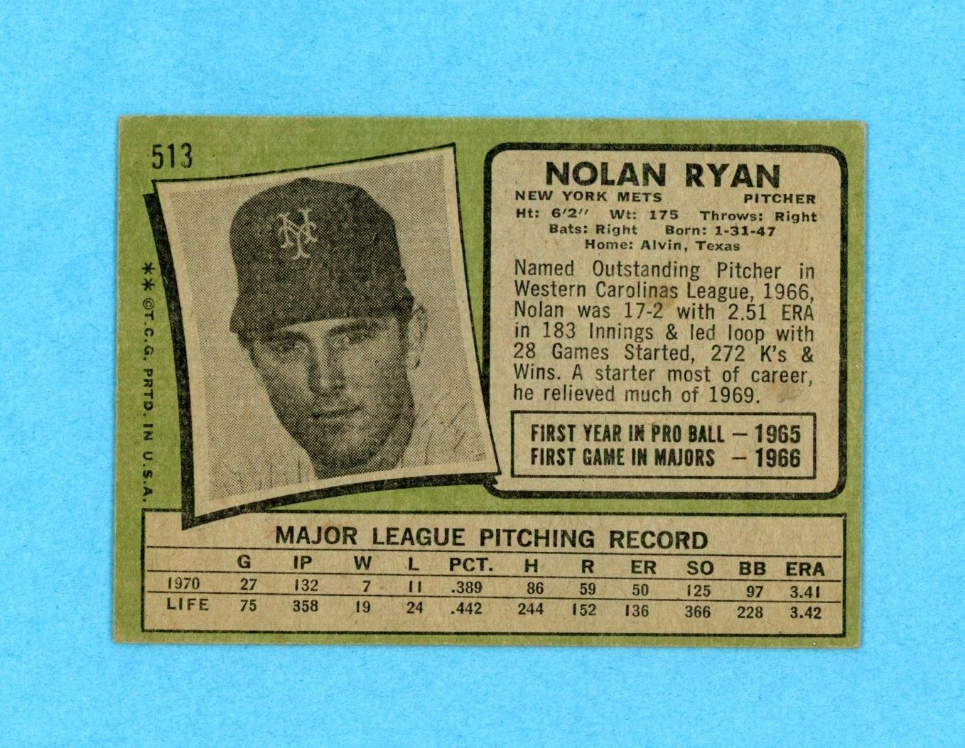 1971 Topps #513 Nolan Ryan New York Mets Baseball Card Vg/Ex o/c