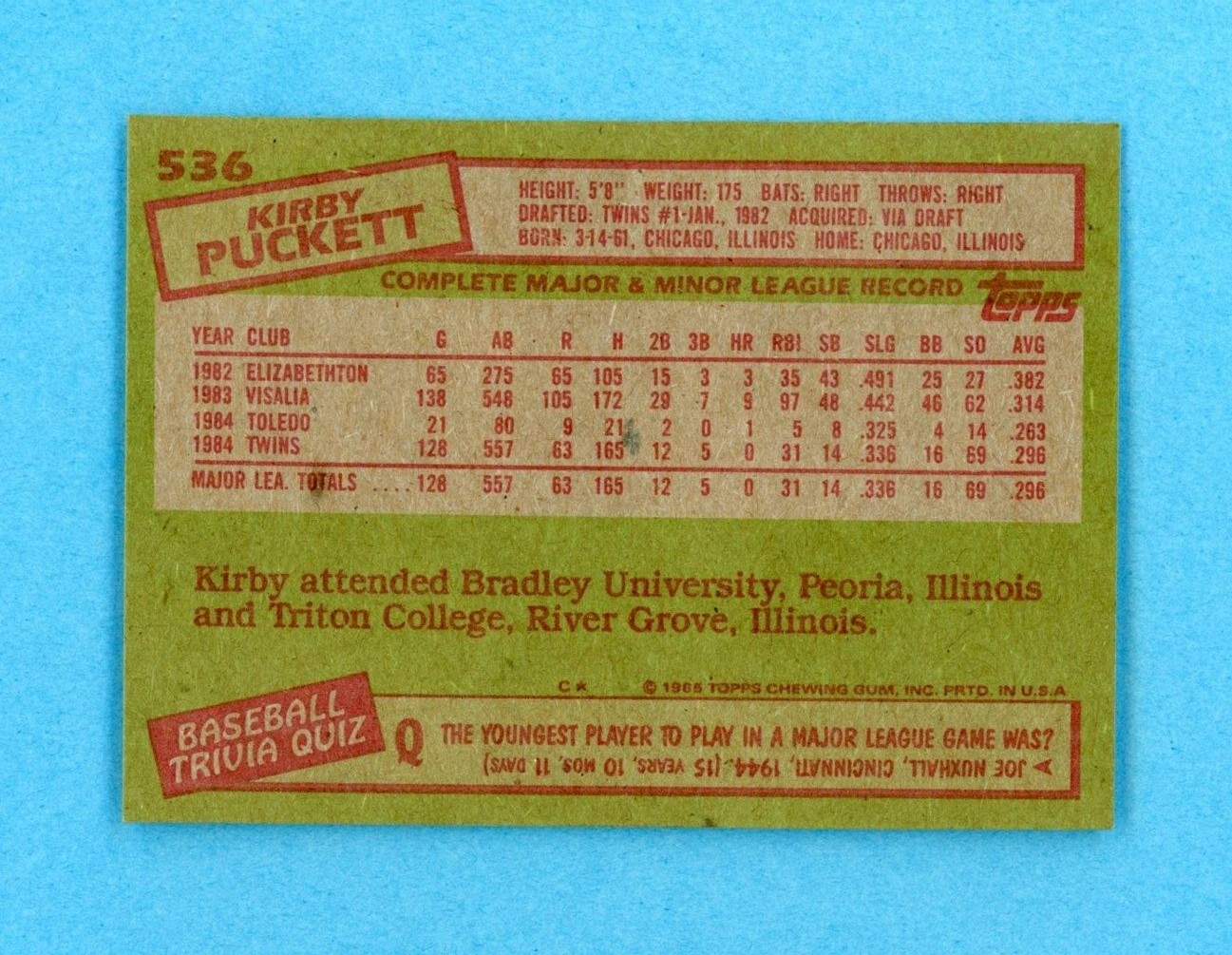 1985 Topps #536 Kirby Puckett Minnesota Twins Rookie Baseball Card NM