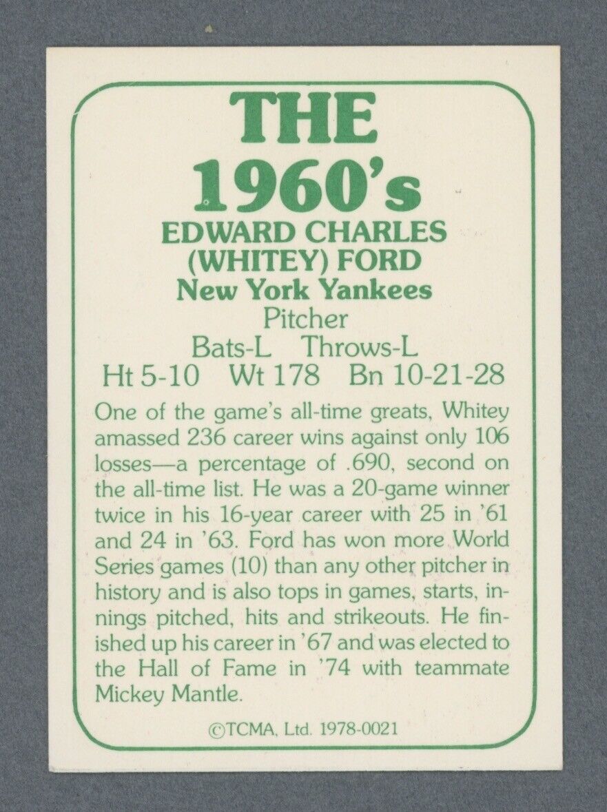 White Ford Yankees Signed 1978 "The 1960s” TCMA Card Auto with B&E Hologram