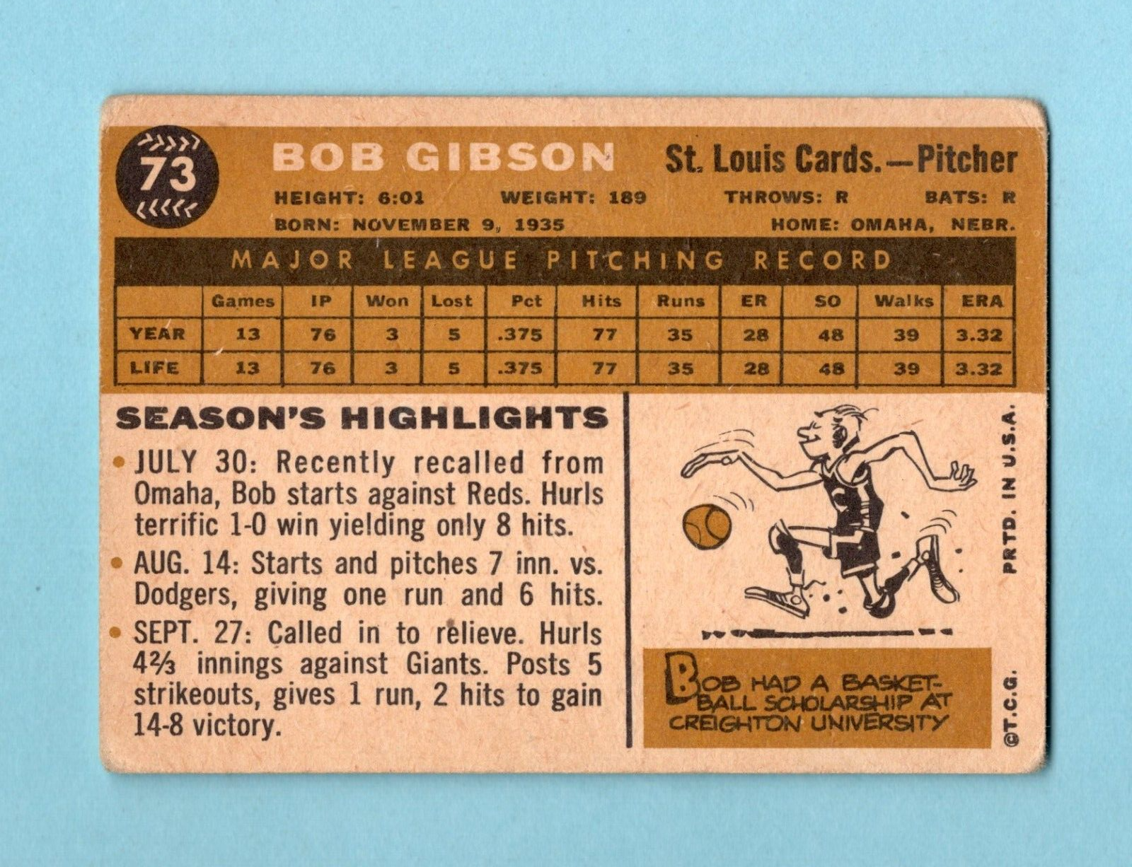 1960 Topps #73 Bob Gibson St. Louis Cardinals Baseball Card Low Grade