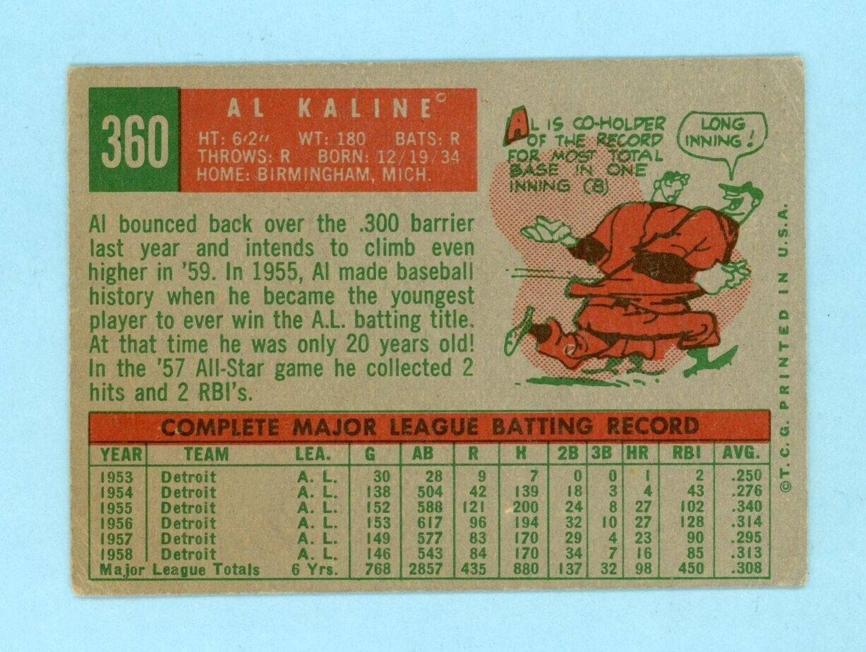 1959 Topps #360 Al Kaline Detroit Tigers Baseball Card EX app wrk trc