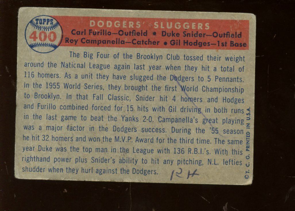 1957 Topps Baseball Card #400 Dodgers Sluggers Snider Campanella Hodges Furillo