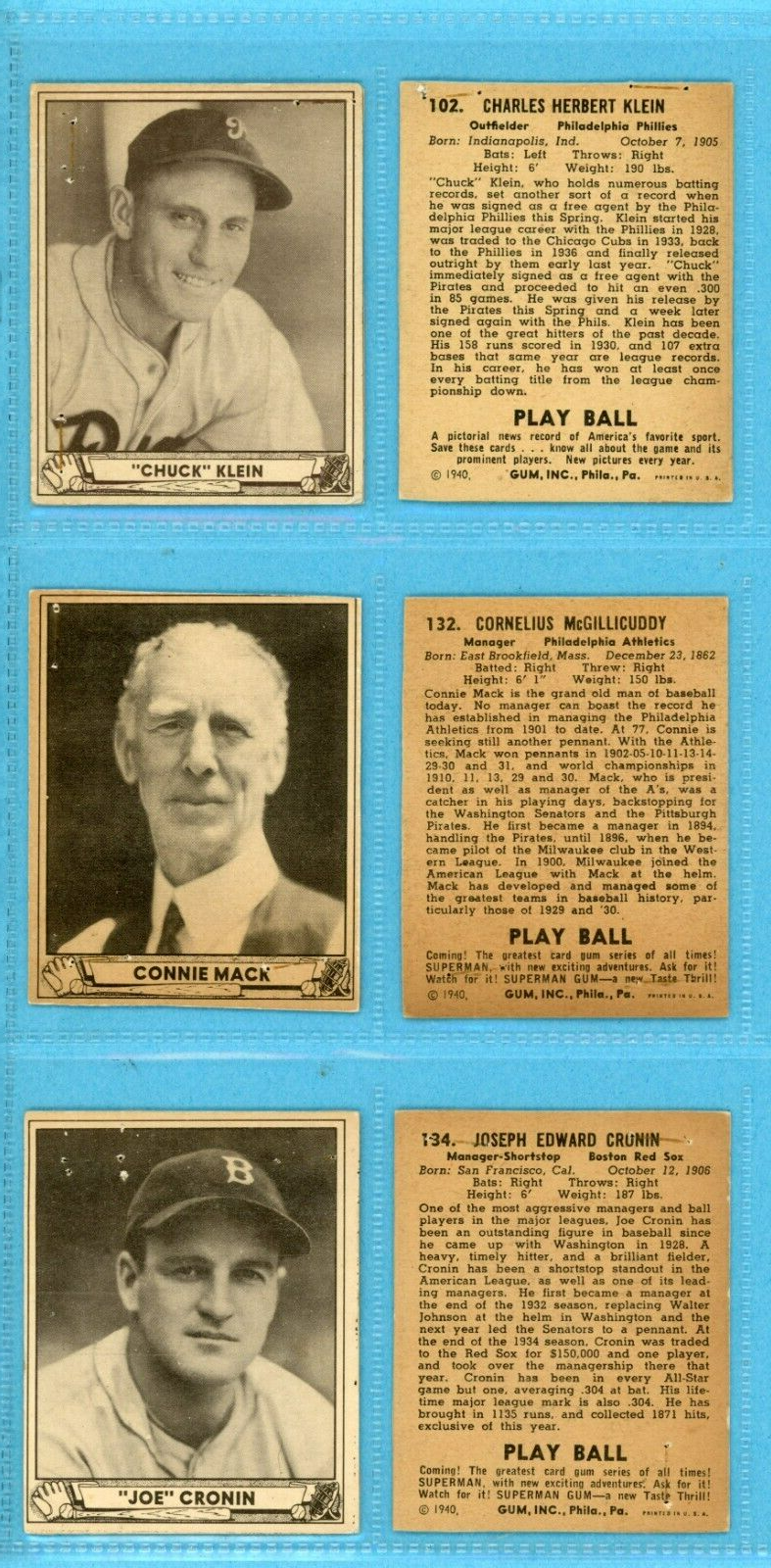 Scrapbook Collection of 14 1940 HOFer Play Ball Baseball Cards w/ Honus Wagner +