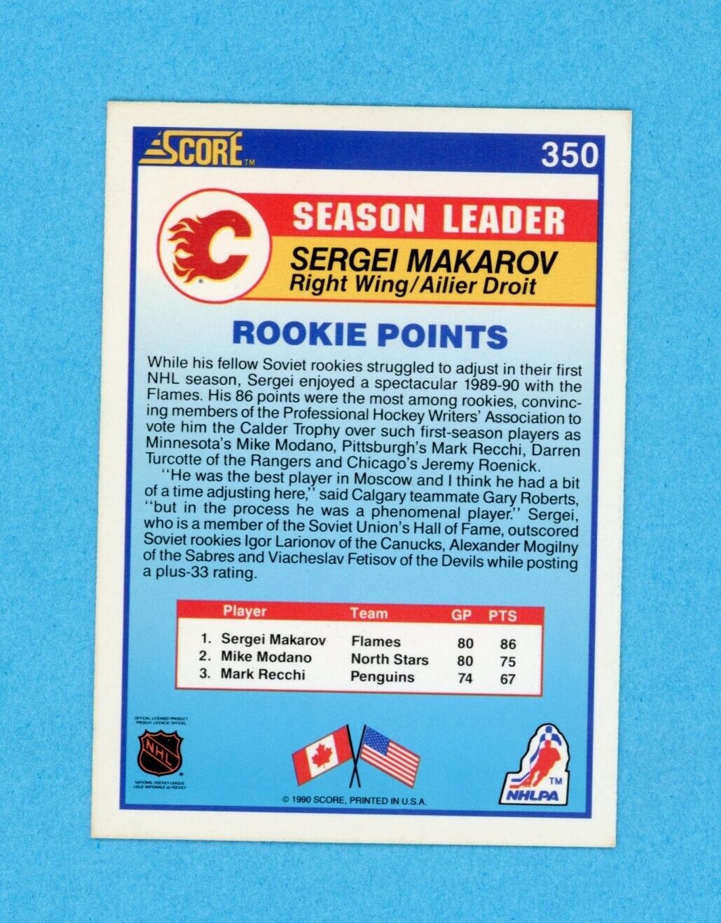 Sergei Makarov 1990-91 Score American #350 Autographed Hockey Card