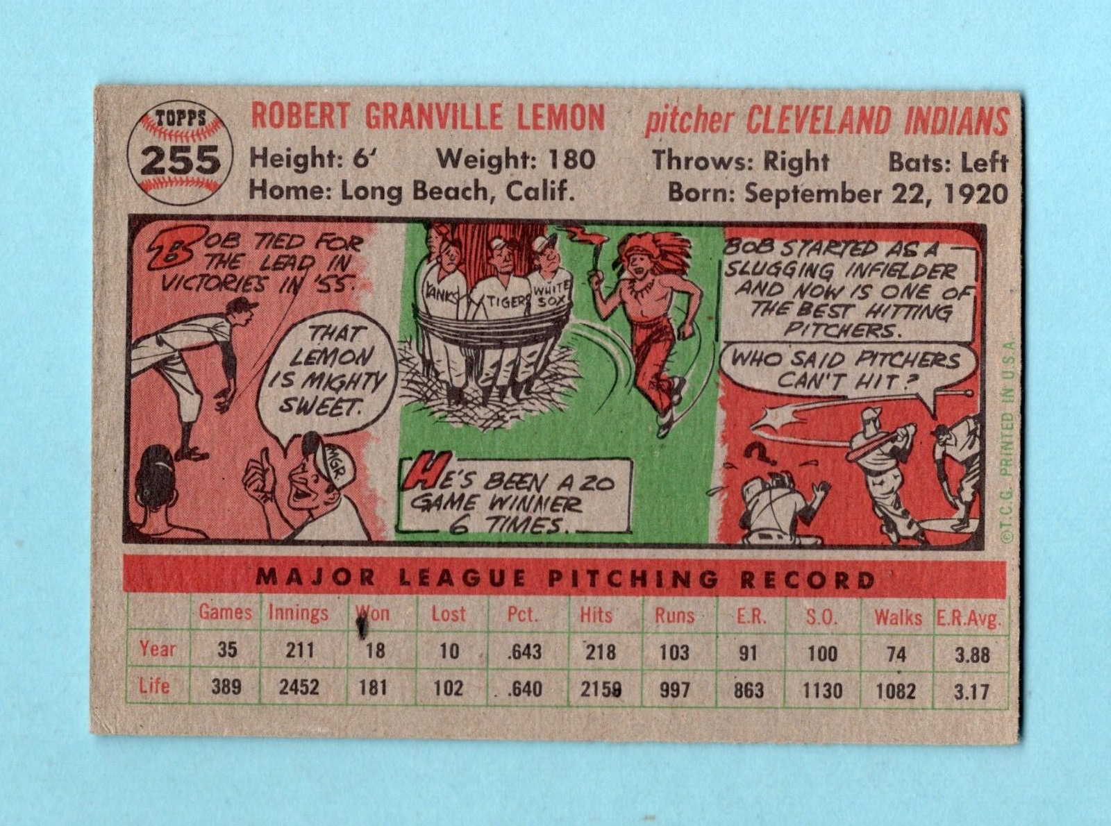 1956 Topps #255 Bob Lemon Cleveland Indians Baseball Card EX ind trc