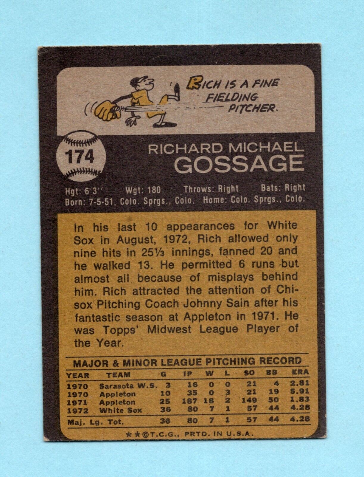 1973 Topps #174 Rich Gossage Chicago White Sox Rookie Baseball Card Ex-Ex+ wrks