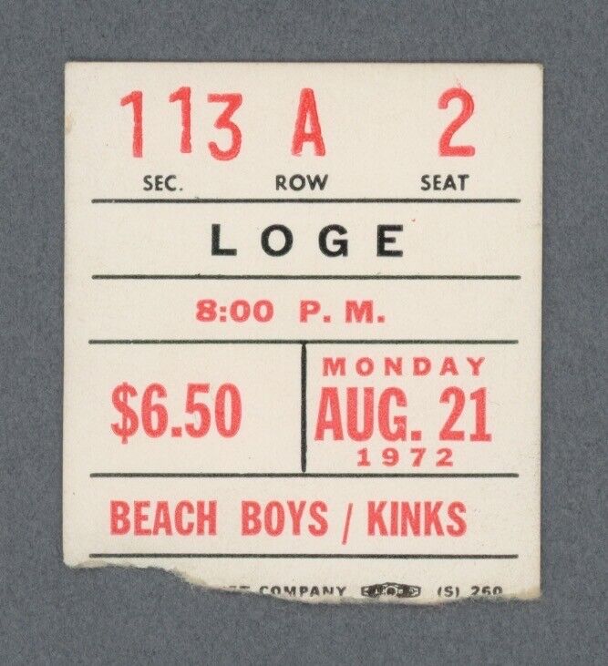 8/21/72 Beach Boys/The Kinks • Nassau Coliseum, NY • Concert Ticket Stub Seat 2