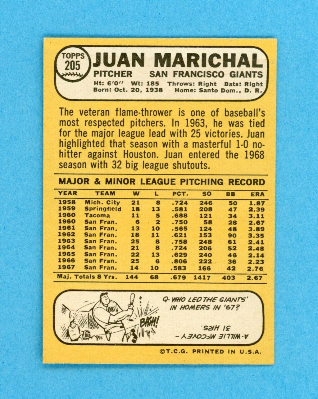 1968 Topps #205 Juan Marichal San Francisco Giants Baseball Card EX+ - Ex/Mt o/c