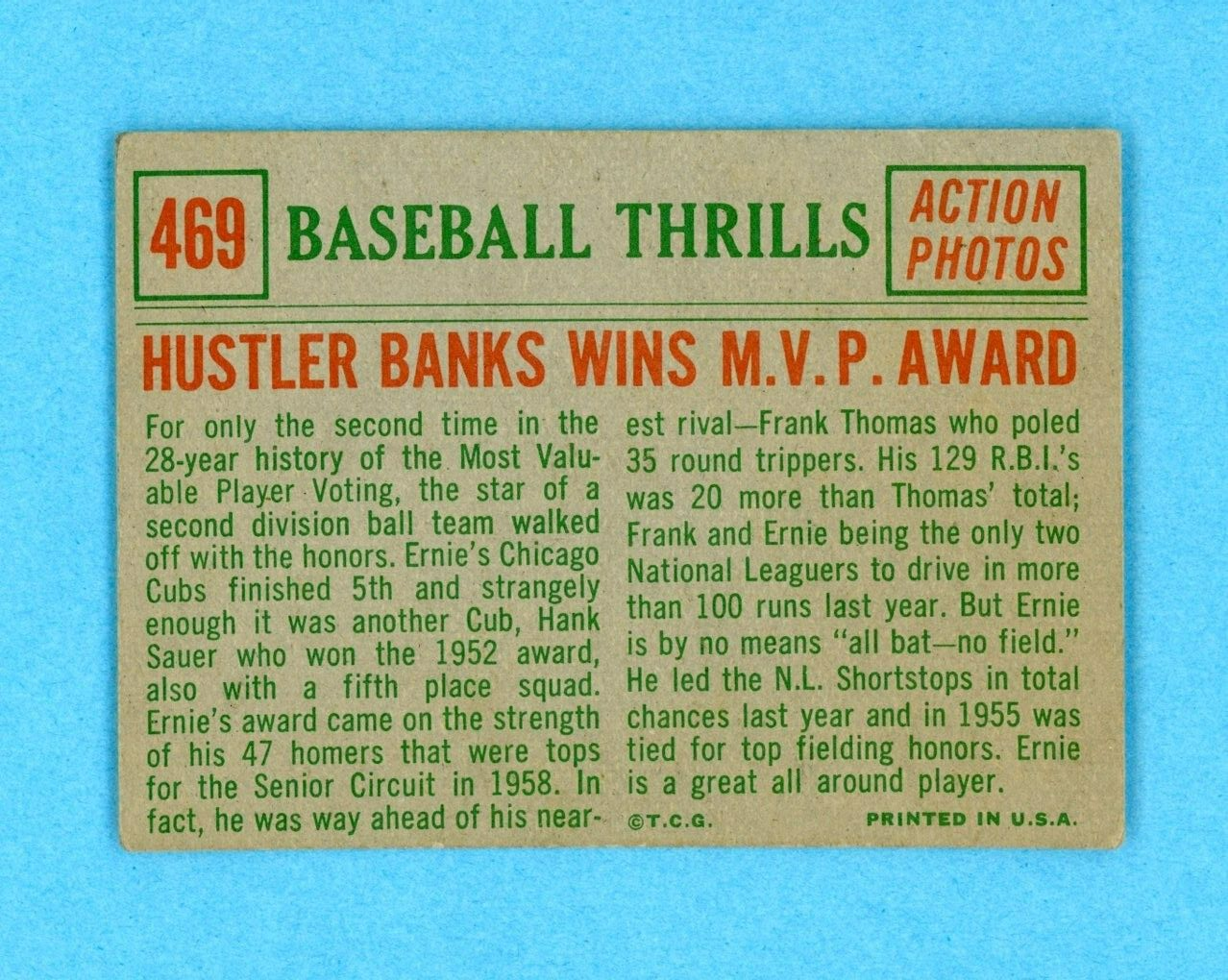 1959 Topps #469 Baseball Thrills Ernie Banks Chicago Cubs Baseball Card Vg/Ex