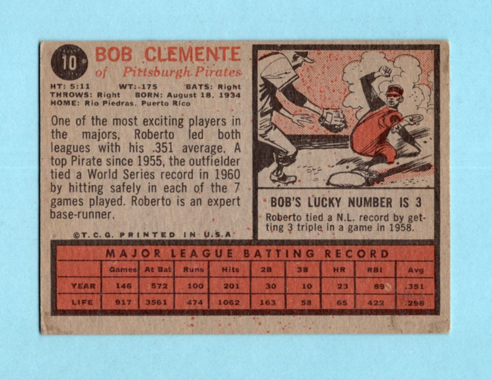 1962 Topps #10 Roberto Clemente Pittsburgh Pirates Baseball Card Vg/Ex