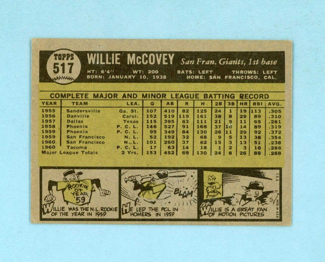 1961 Topps #517 Willie McCovey San Francisco Giants Baseball Card Ex/Ex+ o/c