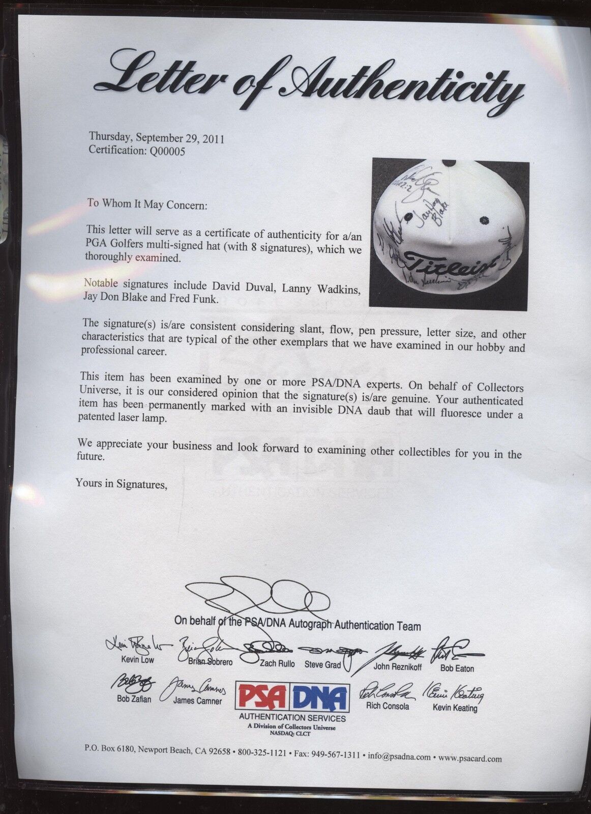 Titleist PGA Golfers Autographed Cap 8 Signatures PSA/DNA LOA