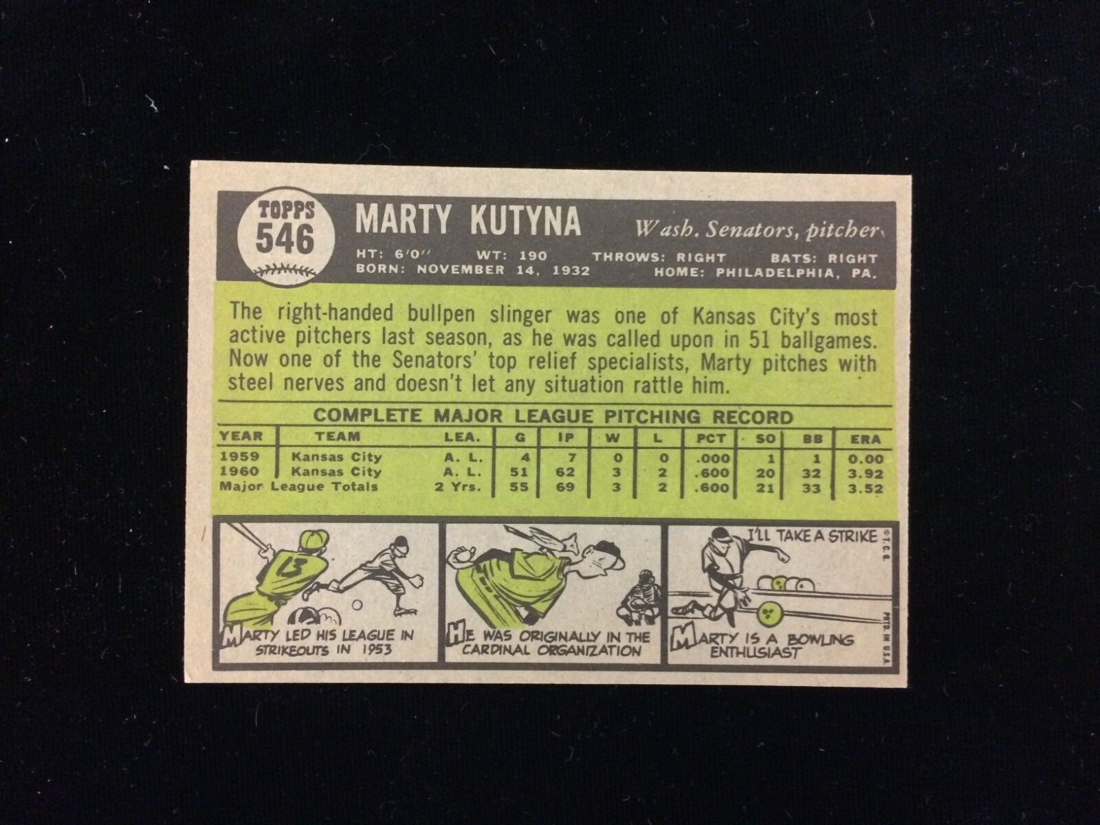 1961 Topps #546 Marty Kutyna Washington Senators Card - EX/MT