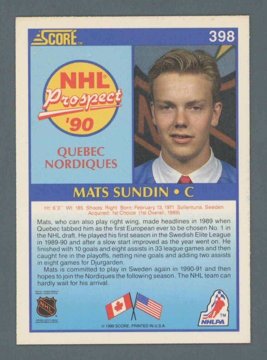 Mats Sundin 1990 Score Rookie Card #398 with B&E Hologram A