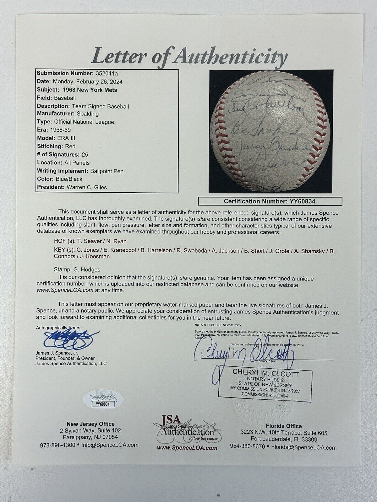 1968 NY Mets TEAM SIGNED Official NL Baseball w/ Ryan & Seaver 25 sigs JSA LOA