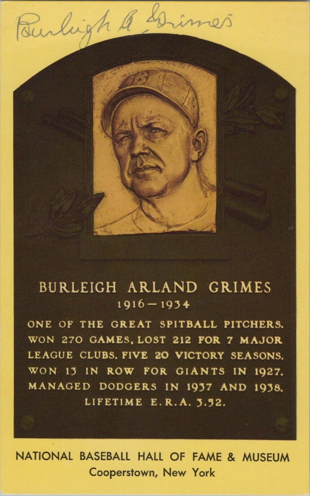 Burleigh Grimes Signed Yellow HOF Plaque with B&E Hologram